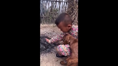 The kid is warming his hand in the freezing weather. (Twitter/@Gulzar_sahab)