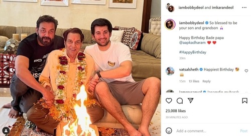 Bobby Deol and Karan Deol shared a picture of Dharmendra from a puja.
