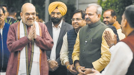 Union home minister and senior BJP leader Amit Shah at the BJP headquarters in Delhi on Thursday. (PTI)