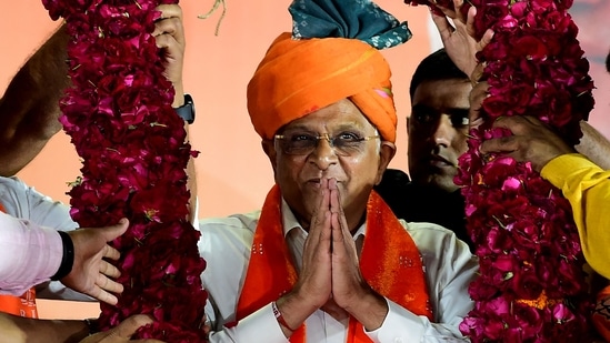 Gujarat chief minister Bhupendra Patel gestures during a felicitation ceremony in Ahmedabad on Thursday. (AFP)