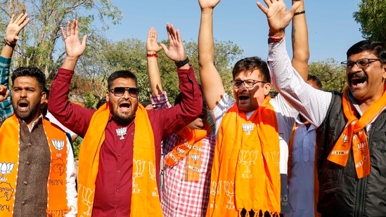 Ahmedabad: BJP workers celebrate Gujarat Assembly election results in Ahmedabad, Thursday,(PTI)