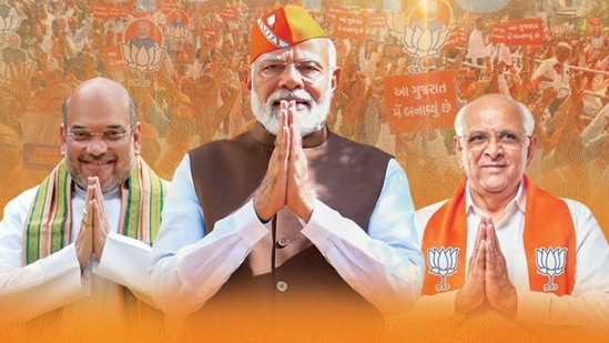 PM Modi and HM Shah called Gujarat CM to congratulate for win.(Bhupendra Patel/ Twitter)