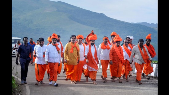 BJP national general Secretary CT Ravi takes out a 'padayatra' as part of 'Datta jayanti' celebrations at Baba Budangiri cave shrine, in Chikkamagaluru district on Thursday. (PTI) BJP national general Secretary CT Ravi takes out a 'padayatra' as part of 'Datta jayanti' celebrations at Baba Budangiri cave shrine, in Chikkamagaluru district on Thursday. (PTI)