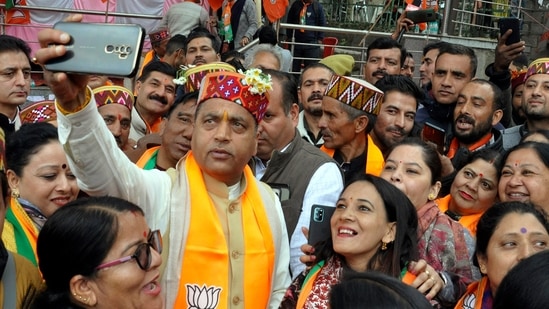 (File) Himachal Pradesh chief minister Jai Ram Thakur during an election rally in favour of BJP candidate Narotam Thakur ahead of Himachal Pradesh Assembly elections on Wednesday. (ANI)(HT_PRINT)