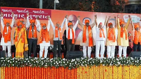 Gujarat chief minister Bhupendra Patel with other BJP leaders during the party’s celebrations after the election results on Thursday (ANI)