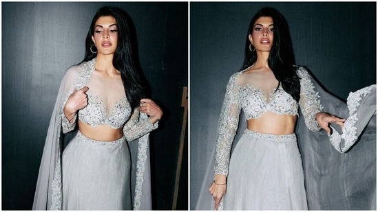 Jacqueline Fernandez's pearl-grey lehenga and stylish blouse is for the modern bride. (Instagram)