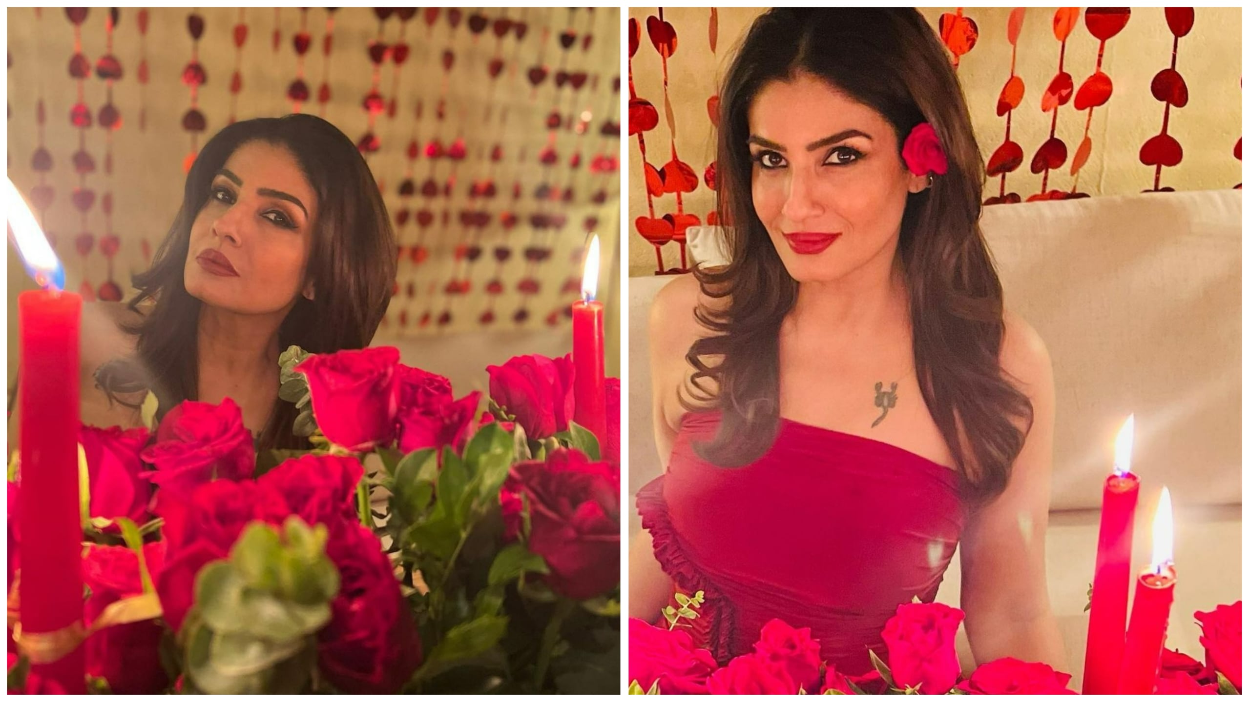 Raveena Tandon poses behind roses and candles.