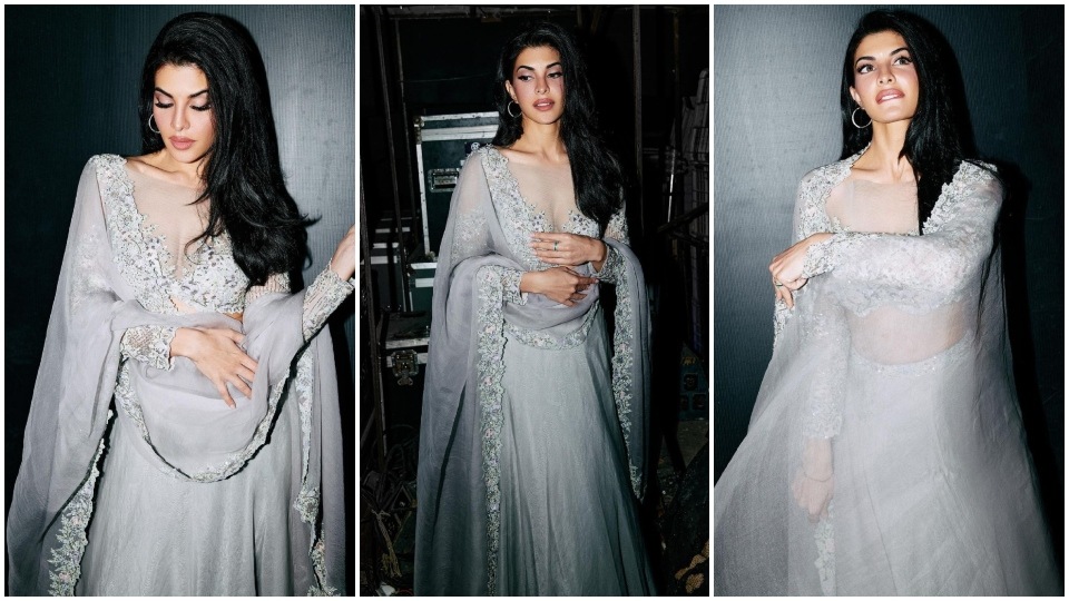 Jacqueline looks gorgeous in a pearl-grey lehenga for Cirkus promotions. (Instagram) Jacqueline looks gorgeous in a pearl-grey lehenga for Cirkus promotions. (Instagram)