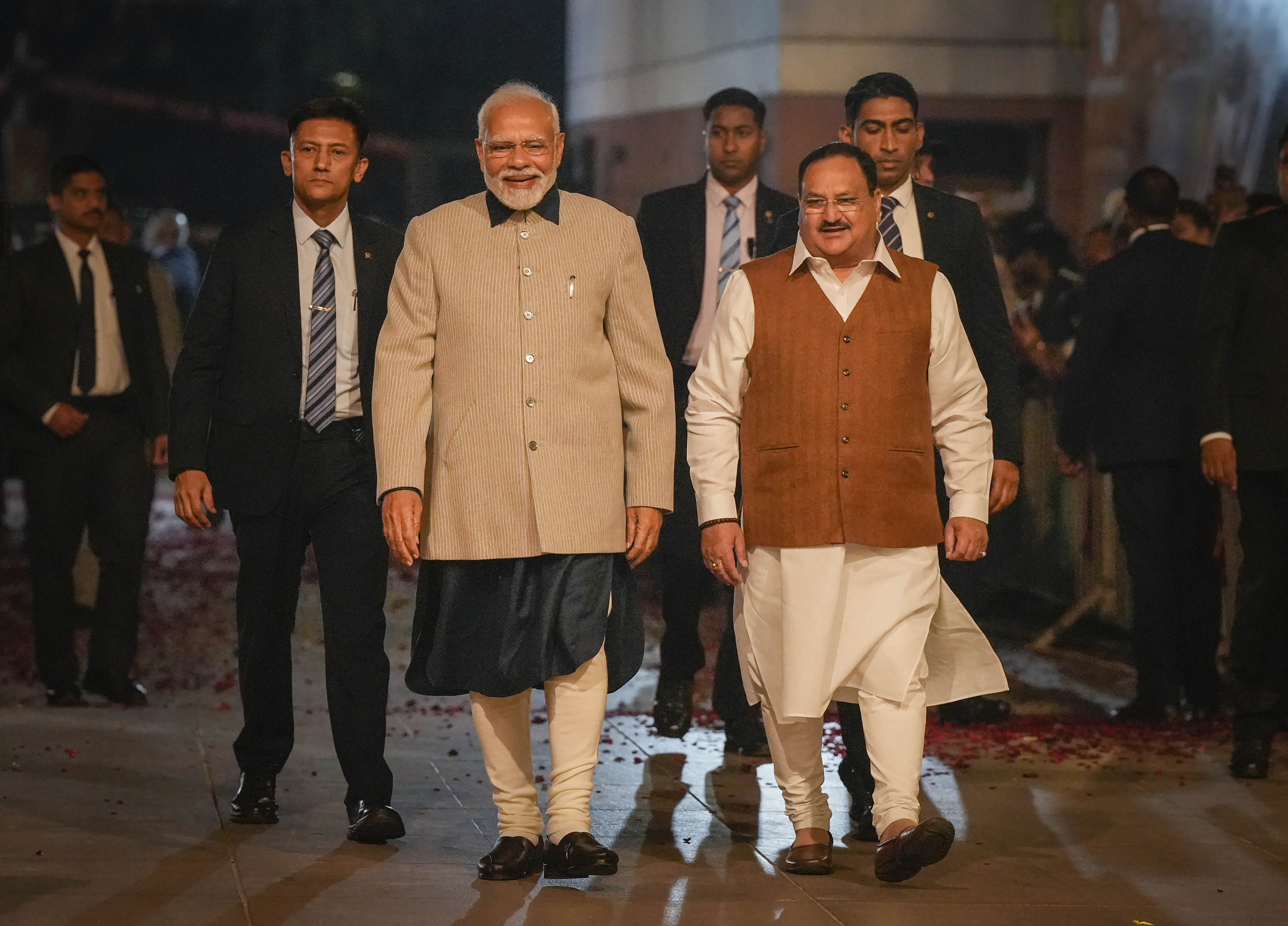 Prime Minister Narendra Modi with BJP National President JP Nadda arrives to attend the celebrations of the party's victory in the Gujarat Assembly elections, at BJP headquarters in New Delhi, Thursday, December 8, 2022. (PTI Photo/Vijay Verma) Prime Minister Narendra Modi with BJP National President JP Nadda arrives to attend the celebrations of the party's victory in the Gujarat Assembly elections, at BJP headquarters in New Delhi, Thursday, December 8, 2022. (PTI Photo/Vijay Verma)