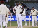 West Indies' Jason Holder, center, smiles after bowling to Australia's Marnus Labuschagne during their cricket test match in Adelaide, Thursday, Nov. 8, 2022. (AP) West Indies' Jason Holder, center, smiles after bowling to Australia's Marnus Labuschagne during their cricket test match in Adelaide, Thursday, Nov. 8, 2022. (AP)