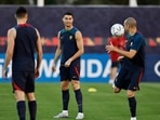  Portugal's Cristiano Ronaldo and Pepe during training 