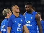 France's Antoine Griezmann, left, Kylian Mbappe, center, and Marcus Thuram, practises during a training session France's Antoine Griezmann, left, Kylian Mbappe, center, and Marcus Thuram, practises during a training session