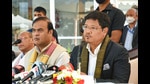 Assam chief minister Himanta Biswa Sarmah with his Meghalaya counterpart, Conrad Sangma. (PTI) Assam chief minister Himanta Biswa Sarmah with his Meghalaya counterpart, Conrad Sangma. (PTI)