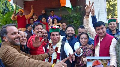 Congress workers celebrates the party's victory in Himachal Pradesh assembly elections, in Chandigarh, on Thursday. (PTI) Congress workers celebrates the party's victory in Himachal Pradesh assembly elections, in Chandigarh, on Thursday. (PTI)