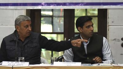 Gurugram, India-December 09: Jai Parkash Dalal, Agriculture minister, and Nishant Kumar Yadav, Deputy Commissioner hearing a complaint during the grievance committee meeting in John Hall at Civil line, in Gurugram, India, on Friday, 09 December 2022. (Photo by Parveen Kumar/Hindustan Times)(Pic to go with Abhishek Bhel's Story) Gurugram, India-December 09: Jai Parkash Dalal, Agriculture minister, and Nishant Kumar Yadav, Deputy Commissioner hearing a complaint during the grievance committee meeting in John Hall at Civil line, in Gurugram, India, on Friday, 09 December 2022. (Photo by Parveen Kumar/Hindustan Times)(Pic to go with Abhishek Bhel's Story)