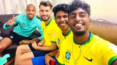 (L-R) Bengaluru FC players Alan Costa, Danish Farooq, Sharon Padattil and Leon Augustine enjoy a Brazil match in their team apartment in Bengaluru (Bengaluru FC) (L-R) Bengaluru FC players Alan Costa, Danish Farooq, Sharon Padattil and Leon Augustine enjoy a Brazil match in their team apartment in Bengaluru (Bengaluru FC)