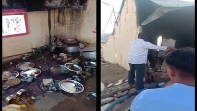 Around 60 people injured after a house caught fire  caused due to a cylinder explosion at Bhungra village in Jodhpur. (ANI)