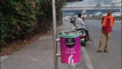 The bins installed on a lamp post are reportedly filled with a chemical to absorb the spit. The chemical will ensure that the spit doesn’t leak or spill out. Every two months, the bag is to be replaced and disposed of at the landfill site. (HT PHOTO) The bins installed on a lamp post are reportedly filled with a chemical to absorb the spit. The chemical will ensure that the spit doesn’t leak or spill out. Every two months, the bag is to be replaced and disposed of at the landfill site. (HT PHOTO)