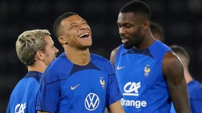 France's Antoine Griezmann, left, Kylian Mbappe, center, and Marcus Thuram, practises during a training session (AP) France's Antoine Griezmann, left, Kylian Mbappe, center, and Marcus Thuram, practises during a training session (AP)