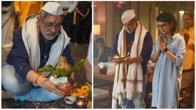 Aamir Khan and Kiran Rao during a puja at his office. Aamir Khan and Kiran Rao during a puja at his office.