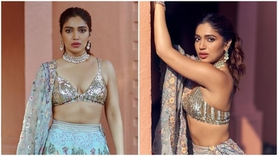 Bhumi Pednekar wears sequin bralette and floral lehenga set to ace wedding guest style. (Instagram) Bhumi Pednekar wears sequin bralette and floral lehenga set to ace wedding guest style. (Instagram)