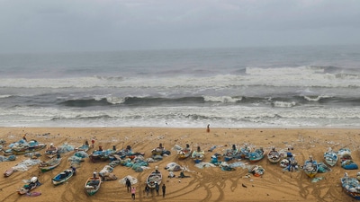 Fishing boats anchored at the sea-shore ahead of the landfall of cyclonic storm Mandous which will cross the coast between north Tamil Nadu and south Andhra Pradesh around Friday. (PTI)