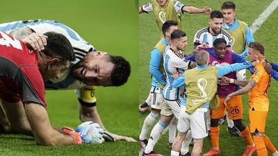 Messi ran towards the Argentina goalkeeper as chaos ensued after the winning penalty was scored (AP) Messi ran towards the Argentina goalkeeper as chaos ensued after the winning penalty was scored (AP)