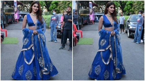 Pooja looked pretty in the blue lehenga. (HT Photos/Varinder Chawla)