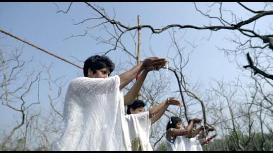 Members of the Earthivist Collective perform as part of the Mangrave: (En)circling the Loss public art project. (Earthivist Collective)