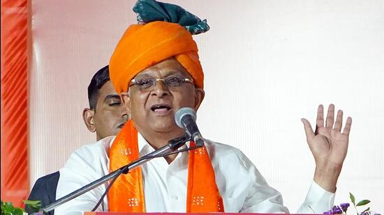 Gujarat chief minister Bhupendra Patel at the BJP office in Ahmedabad on Thursday after the party’s stupendous victory in the assembly elections. (ANI Photo)