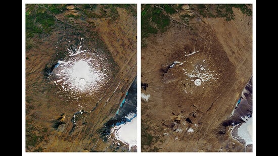 Satellite images of Iceland’s Okjökull glacier in 1986 and 2019, the year in which the world’s first glacier funeral was held there. (Nasa Earth Observatory)