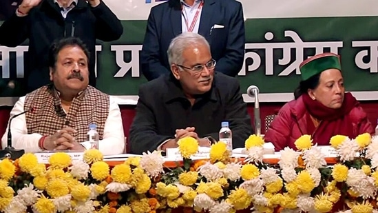 Himachal Pradesh Congress chief Pratibha Singh, party state in-charge Rajeev Shukla and Chhattisgarh CM Bhupesh Baghel attend the Congress Legislature Party meeting in Shimla on Friday. (ANI Photo)