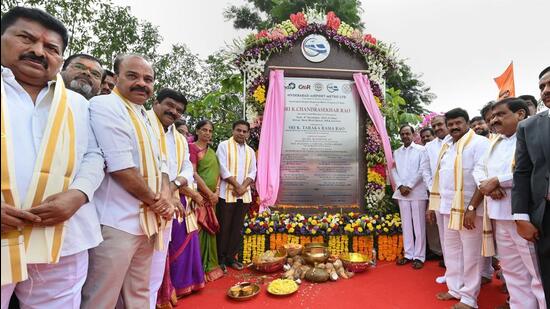 Telangana chief minister K Chandrasekhar Rao and others during the foundation stone laying ceremony for Hyderabad Airport Metro Rail project construction, in Hyderabad. (PTI) Telangana chief minister K Chandrasekhar Rao and others during the foundation stone laying ceremony for Hyderabad Airport Metro Rail project construction, in Hyderabad. (PTI)