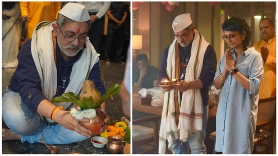 Aamir Khan and Kiran Rao during a puja at his office. 