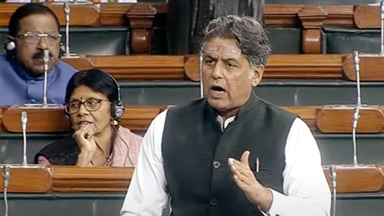 Congress MP Manish Tewari speaks in the Lok Sabha during the Winter Session of the Parliament, in New Delhi on Friday.(ANI/Sansad TV)