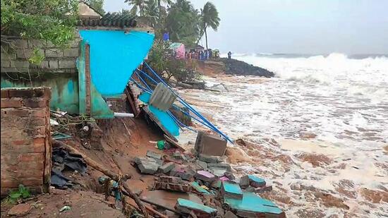 Puducherry: Houses swept away by the sea waves due to cyclonic storm Mandous, on Friday (PTI)