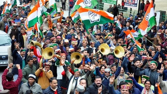 Congress supporters celebrate the victory in the Himachal Pradesh elections in Kullu. (ANI)