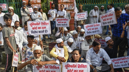 Members of the Muslim community stage a protest against the Uniform Civil Code set up by the Uttarakhand government, in Dehradun.(PTI file)