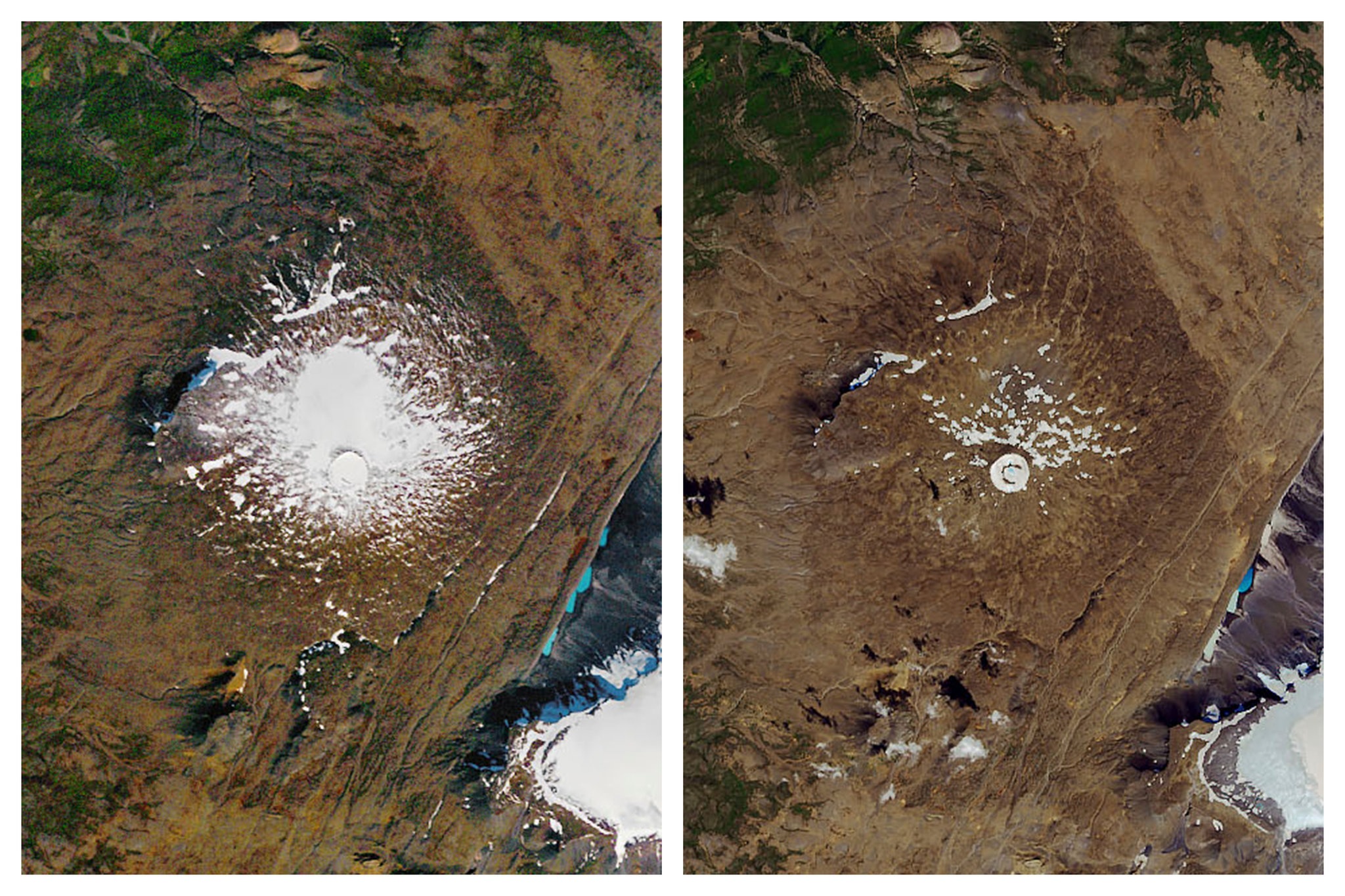 Satellite images of Iceland’s Okjökull glacier in 1986 and 2019, the year in which the world’s first glacier funeral was held there. (Nasa Earth Observatory) Satellite images of Iceland’s Okjökull glacier in 1986 and 2019, the year in which the world’s first glacier funeral was held there. (Nasa Earth Observatory)