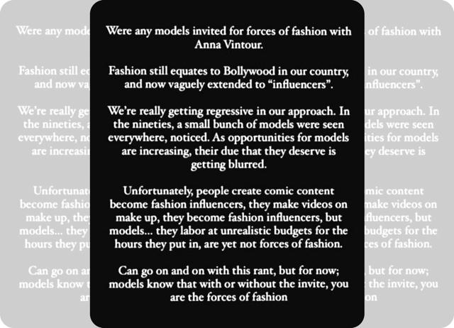 When Bharat noticed that not even one model was spotted at the Anna Wintour Forces of Fashion event, he posted (above) about models not getting their dues When Bharat noticed that not even one model was spotted at the Anna Wintour Forces of Fashion event, he posted (above) about models not getting their dues
