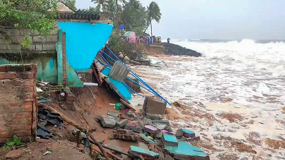 Puducherry: Houses swept away by the sea waves due to cyclonic storm Mandous, on Friday (PTI) Puducherry: Houses swept away by the sea waves due to cyclonic storm Mandous, on Friday (PTI)