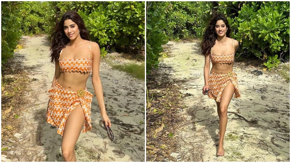 Janhvi Kapoor in a bikini top and sarong takes a stroll in the Maldives. (Instagram)