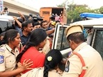 Women Police personnel take away YSR Telangana Party chief YS Sharmila while she was staging a dharna after her permission was denied by the Warangal Police for her Padayatra, near BR Ambedkar statue, in Hyderabad on Friday. (ANI Photo) Women Police personnel take away YSR Telangana Party chief YS Sharmila while she was staging a dharna after her permission was denied by the Warangal Police for her Padayatra, near BR Ambedkar statue, in Hyderabad on Friday. (ANI Photo)