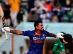India's Ishan Kishan celebrates scoring a century during the third one day international cricket match between Bangladesh and India in Chittagong, Bangladesh, India's Ishan Kishan celebrates scoring a century during the third one day international cricket match between Bangladesh and India in Chittagong, Bangladesh,