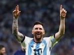 Lionel Messi celebrates for Argentina.