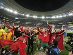 Morocco's players celebrate after beating Portugal 1-0 in the World Cup quarter-final(AP) Morocco's players celebrate after beating Portugal 1-0 in the World Cup quarter-final(AP)