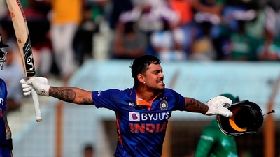 India's Ishan Kishan celebrates scoring a century during the third one day international cricket match between Bangladesh and India in Chittagong, Bangladesh, (AP) India's Ishan Kishan celebrates scoring a century during the third one day international cricket match between Bangladesh and India in Chittagong, Bangladesh, (AP)