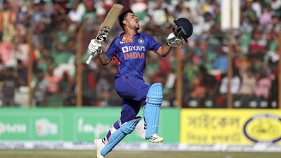 India's Ishan Kishan celebrates after scoring a double-century during the third one day international cricket match between Bangladesh and India in Chittagong, Bangladesh, Saturday, Dec. 10, 2022. (AP) India's Ishan Kishan celebrates after scoring a double-century during the third one day international cricket match between Bangladesh and India in Chittagong, Bangladesh, Saturday, Dec. 10, 2022. (AP)