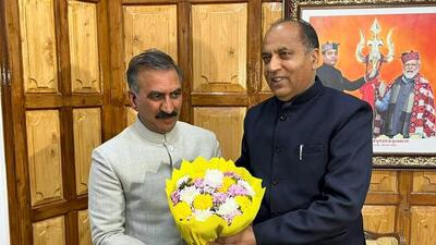 Himachal Pradesh chief minister-designate Sukhvinder Singh Sukhu with former chief minister Jai Ram Thakur, in Shimla on Saturday. (PTI) Himachal Pradesh chief minister-designate Sukhvinder Singh Sukhu with former chief minister Jai Ram Thakur, in Shimla on Saturday. (PTI)