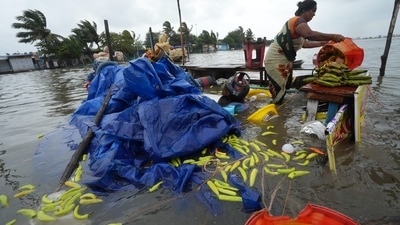  A woman salvages her shop at the Chennai's Marina beach following the landfall of Cyclone Mandous. (PTI) A woman salvages her shop at the Chennai's Marina beach following the landfall of Cyclone Mandous. (PTI)